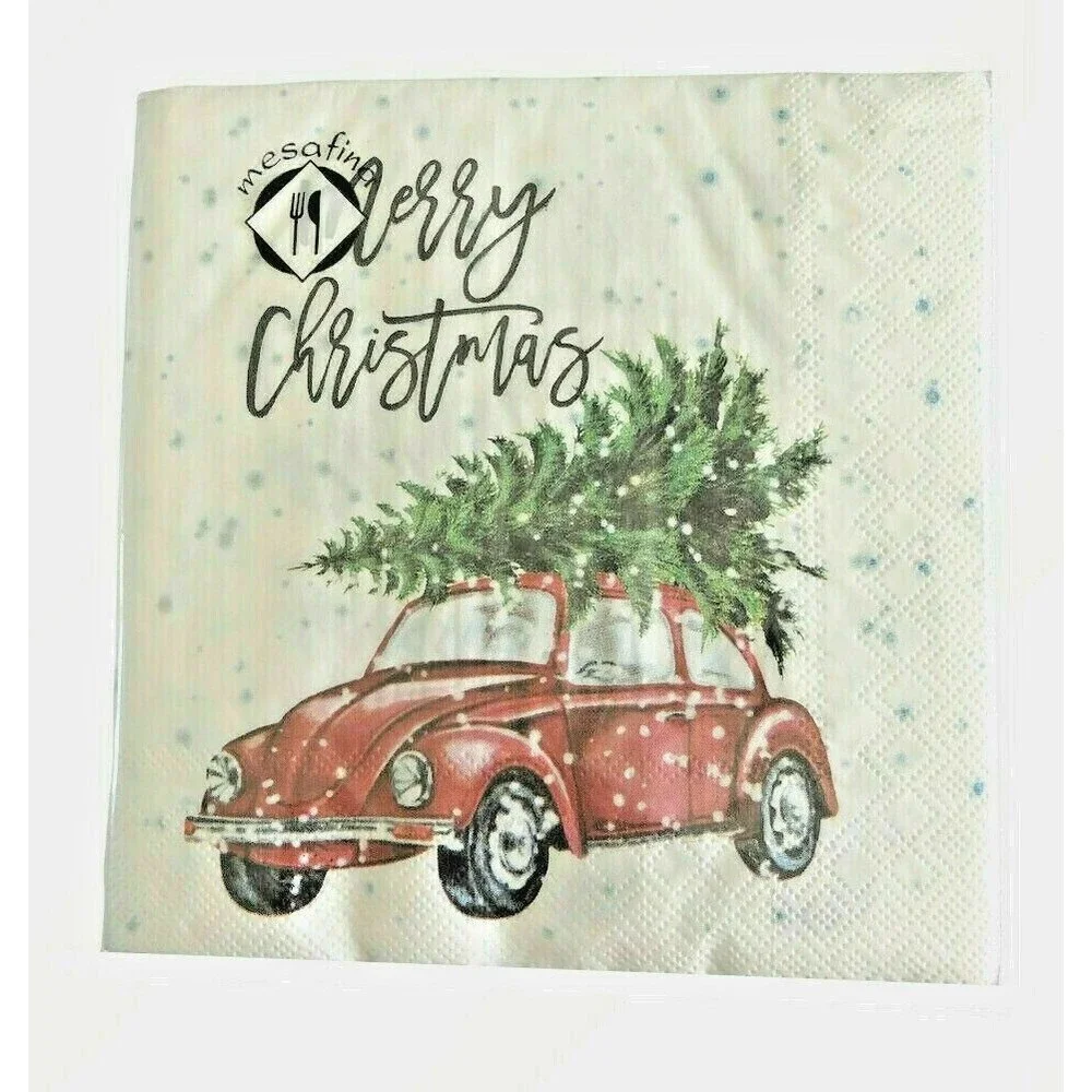 VW Bug Car Christmas Tree Red Paper Napkins Lunch Dinner 40 Ct 6.5x6.5